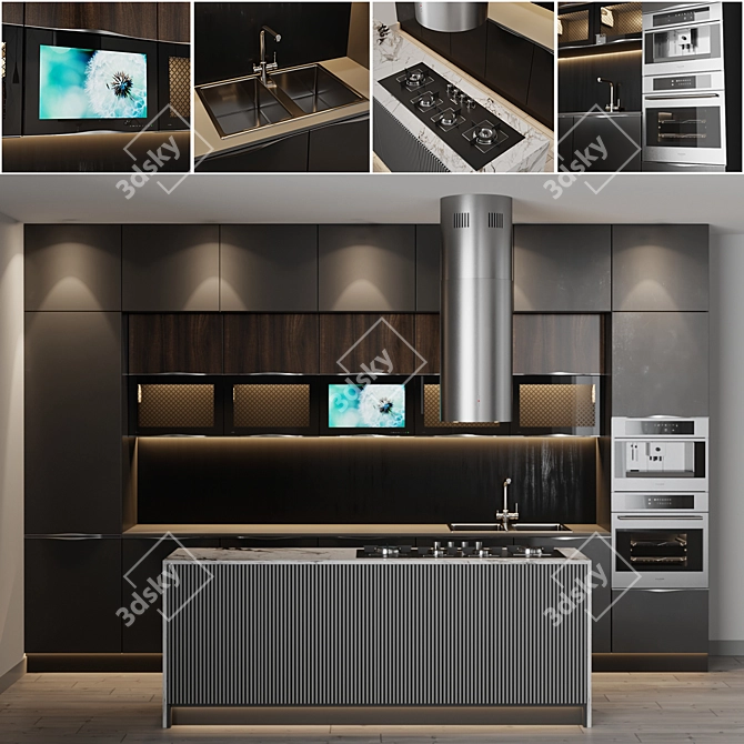 Modern Style Kitchen with TV and High-end Appliances 3D model image 1