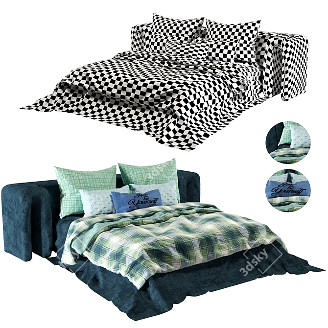 Checkered Green Velvet Bed Set 3D model image 3