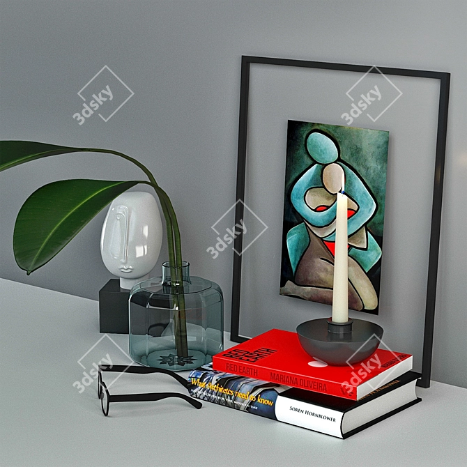 Eclectic Decor Set: Photo Frame, Books, Candles, Glasses 3D model image 2