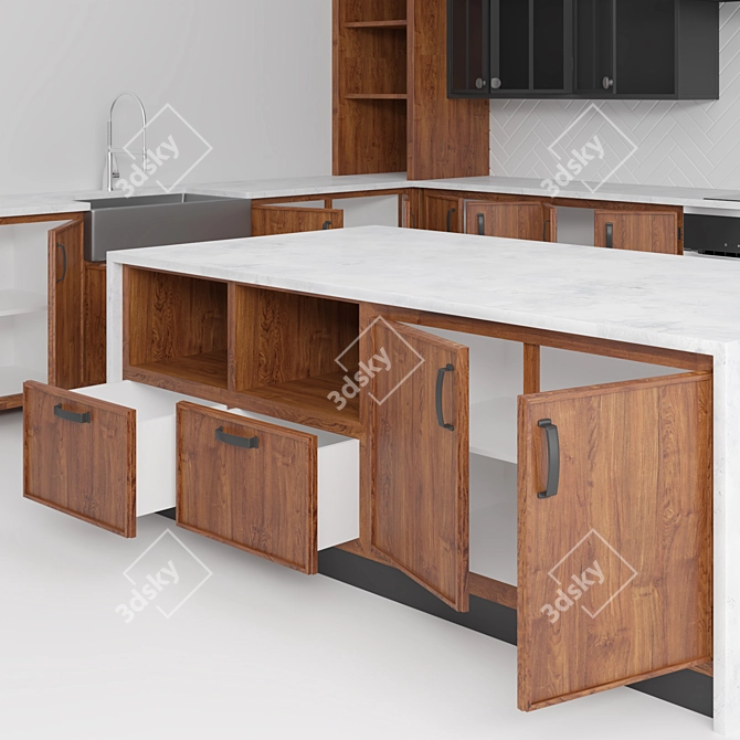 Versatile Wooden Kitchen: Openable Cupboard Doors, Easy Placement 3D model image 2