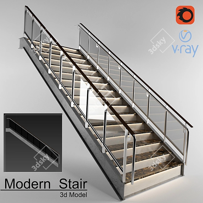 Sleek Glass and Metal Staircase 3D model image 1