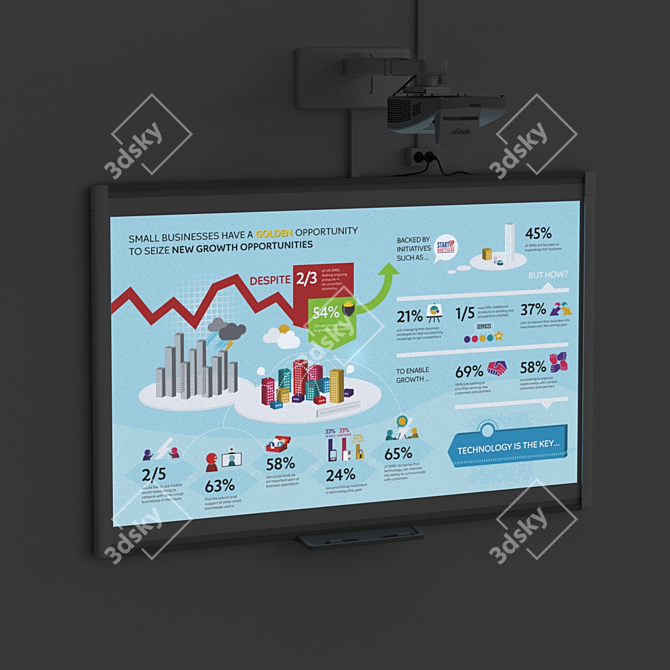 Interactive Education Set: Smart SBM685 Whiteboard with Vivitek DH758UST Projector and Mount 3D model image 2