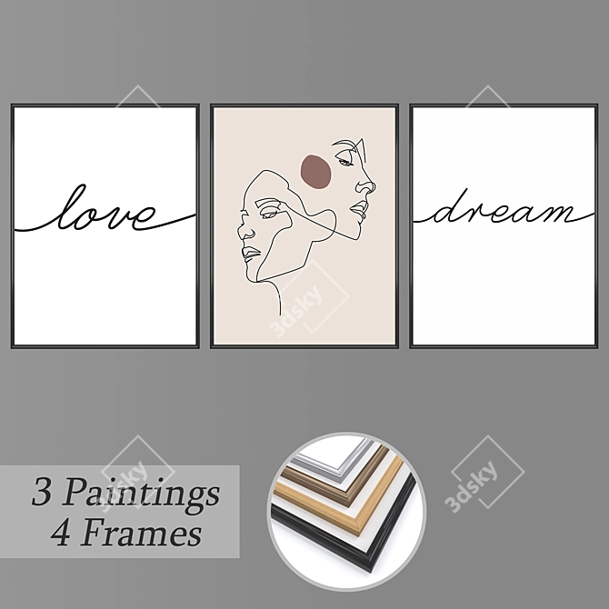 Elegant Wall Art Set with 3 Paintings & 4 Frame Options 3D model image 1