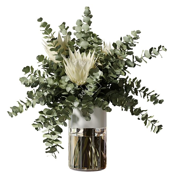 Elegant White Protea Bouquet with Eucalyptus Vase 3D model image 1