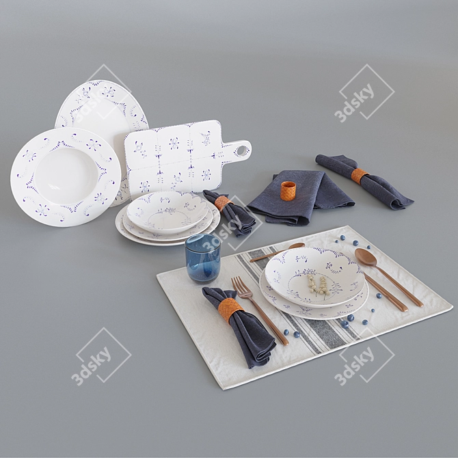 Elegant Blue Tableware Set 3D model image 4