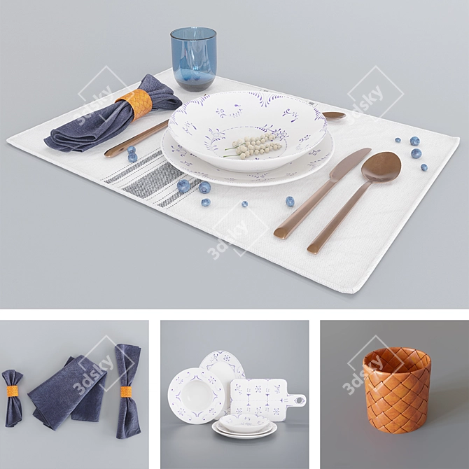 Elegant Blue Tableware Set 3D model image 5