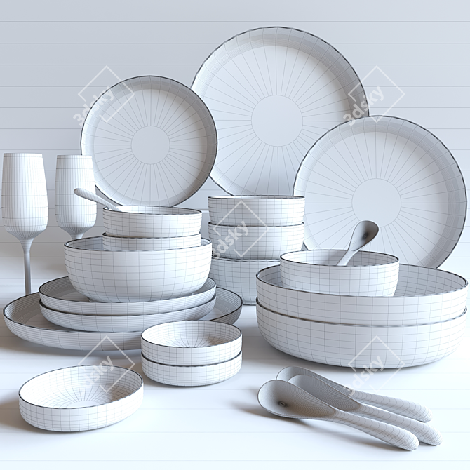 IKEA CrockerWare Set: Service, Glass, Plate, Tureen, Salad Bowl & Cutlery Set 3D model image 2