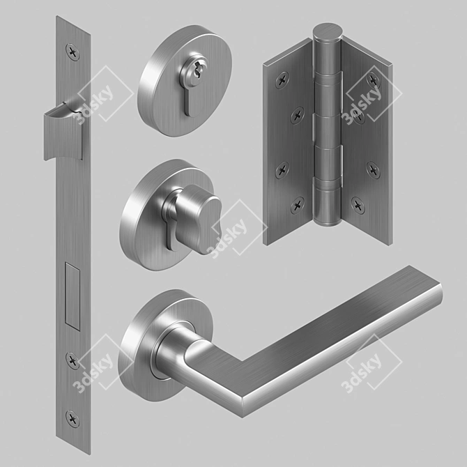Complete Door Hardware Set: Handle, Hinge, Lock & Brushed Metal Finish 3D model image 3