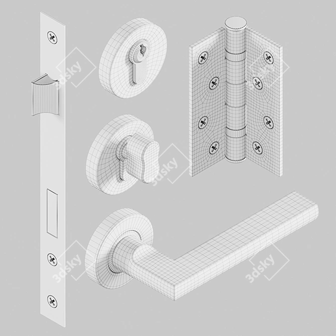 Complete Door Hardware Set: Handle, Hinge, Lock & Brushed Metal Finish 3D model image 4