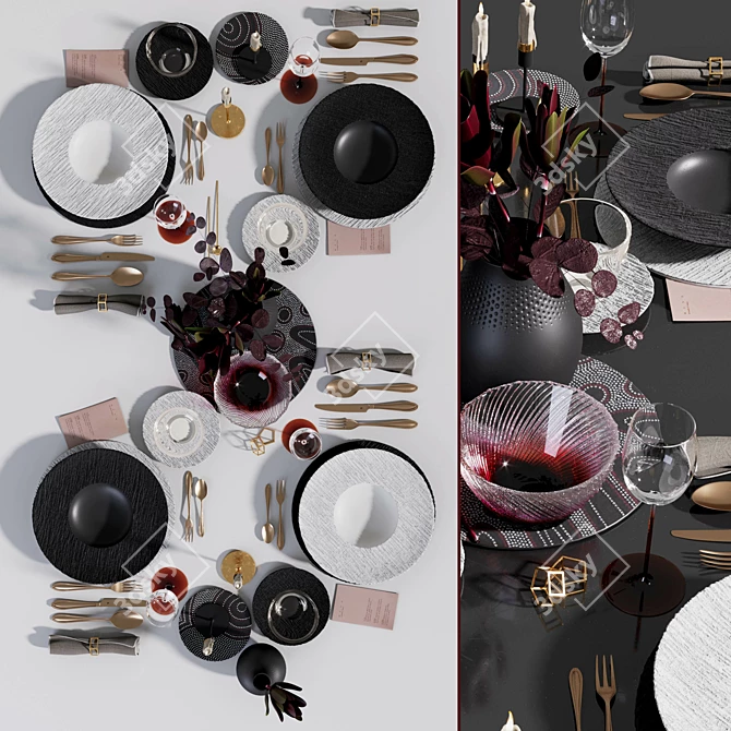 Modern Black and White Table Setting 3D model image 1