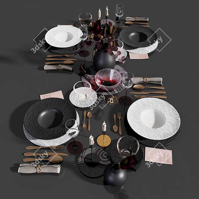 Modern Black and White Table Setting 3D model image 2