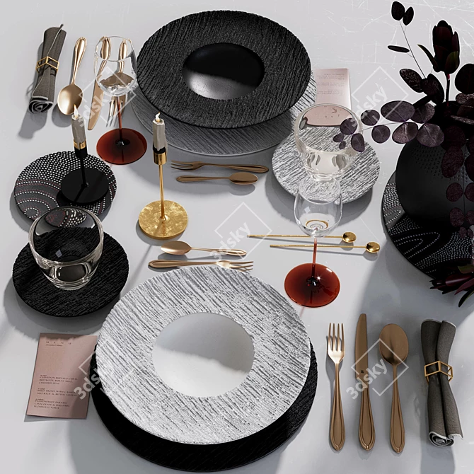 Modern Black and White Table Setting 3D model image 3