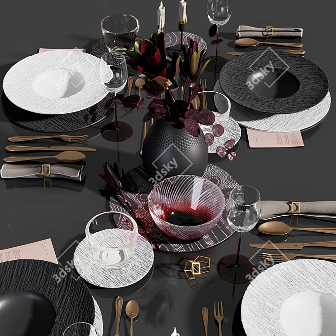 Modern Black and White Table Setting 3D model image 4