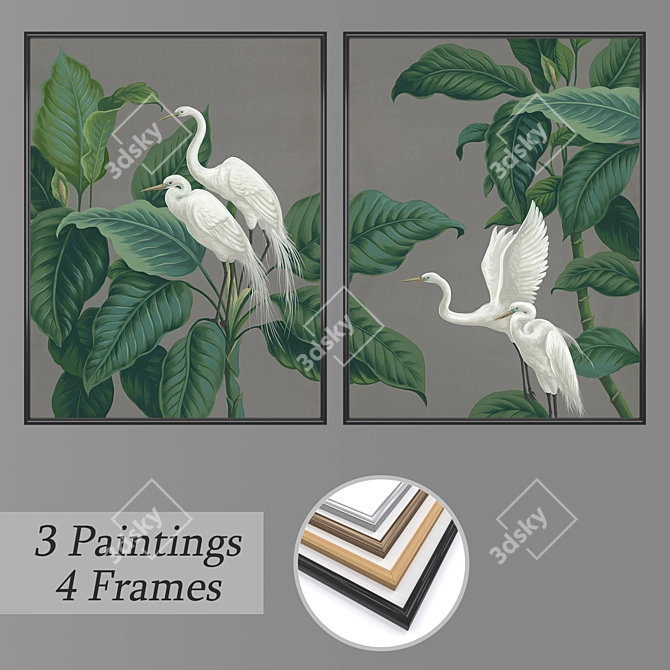 Duo of Wall Paintings with 4 Frame Options 3D model image 1
