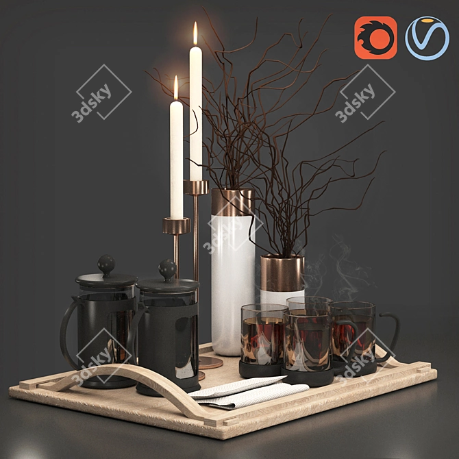 Herbal Infusion Delight: Tea Set with Vase 3D model image 1