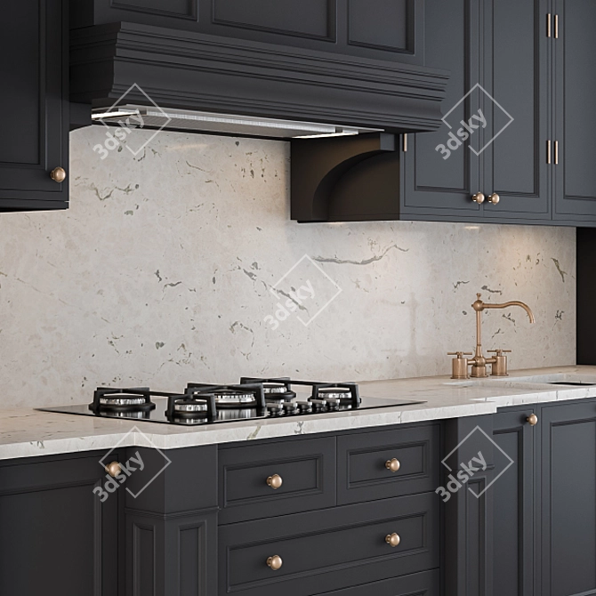 Elegant Black & Gold Kitchen 3D model image 2