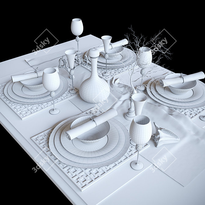 Elegant 3-Piece Table Setting: Crockery, Crystal, Gold 3D model image 3