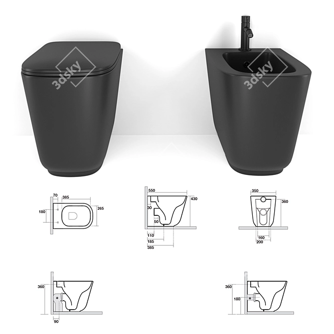 Sleek Matte Black Kerasan Toilet 3D model image 2