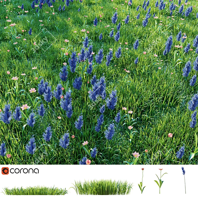 Grassy Meadow with Flowers 3D model image 1