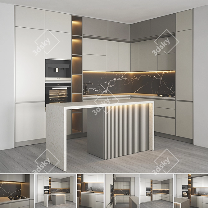Modern Kitchen Set with Gas Hob, Sink, Oven & Hood 3D model image 1