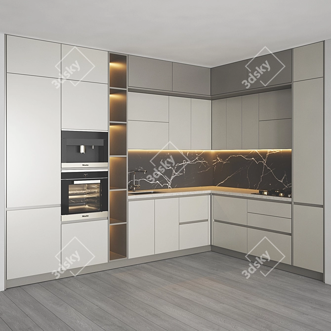Modern Kitchen Set with Gas Hob, Sink, Oven & Hood 3D model image 3