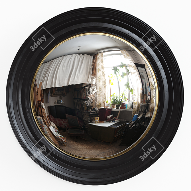 Elegant Black & Gold Convex Mirror 3D model image 1