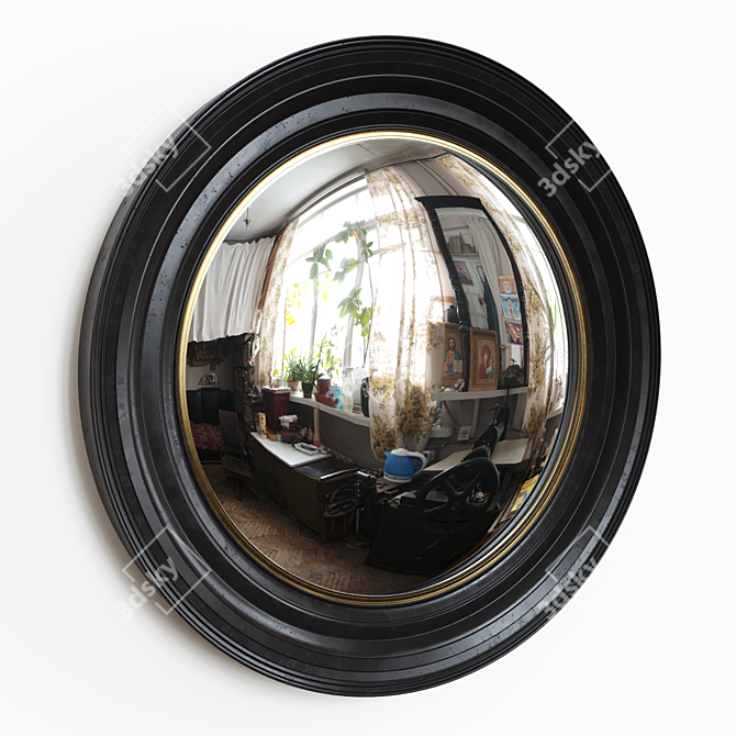 Elegant Black & Gold Convex Mirror 3D model image 2