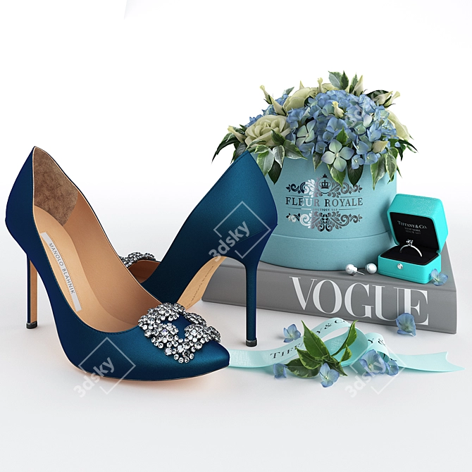 Blue Luxury Set: Manolo Pumps, Tiffany Ring, Vogue Book 3D model image 1