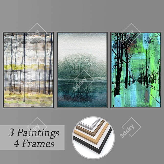 Artful Trio: Set of 3 Wall Paintings 3D model image 1