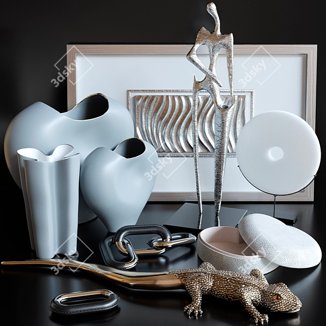 Gold Lizard Decor Set: Panel, Sculpture, Figurine, Vase. 3D model image 1