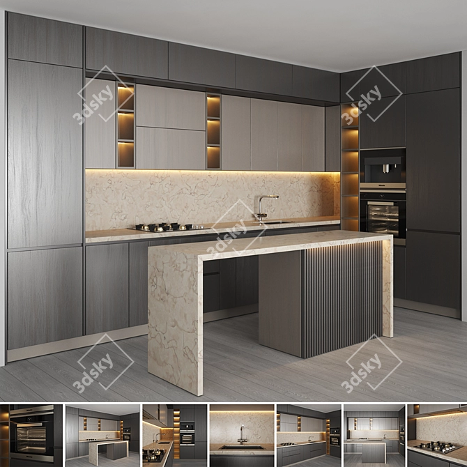 Modern Kitchen Set with Gas Hob, Sink, Oven, and Hood 3D model image 1