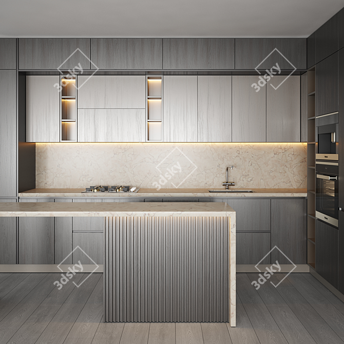 Modern Kitchen Set with Gas Hob, Sink, Oven, and Hood 3D model image 2