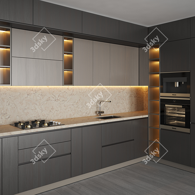 Modern Kitchen Set with Gas Hob, Sink, Oven, and Hood 3D model image 3