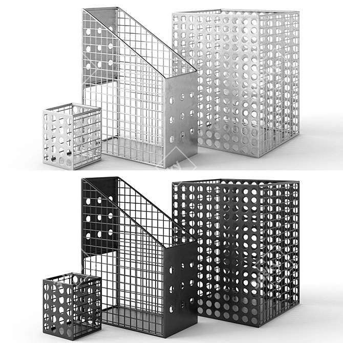 Sleek Steel Desk Set: Perforated Metal Accessories 3D model image 2