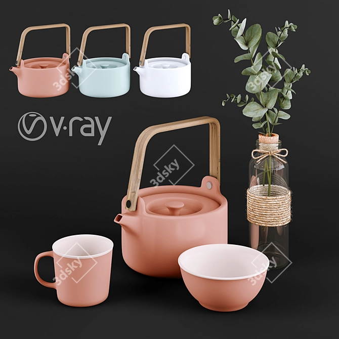 Natural Terra Teaset: Ceramic Teapot with Bamboo Handle | 80cl Capacity 3D model image 1