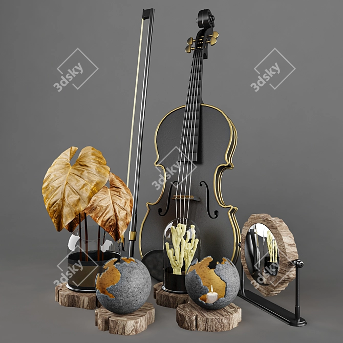 Elegant Decorative Set: Violin, Fiddlestick, Leaf & Coal, Candles, Mirror 3D model image 1