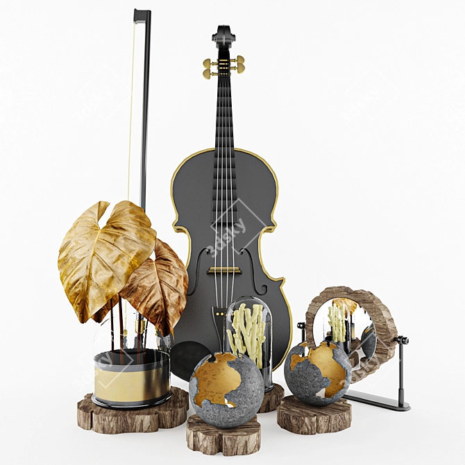 Elegant Decorative Set: Violin, Fiddlestick, Leaf & Coal, Candles, Mirror 3D model image 3