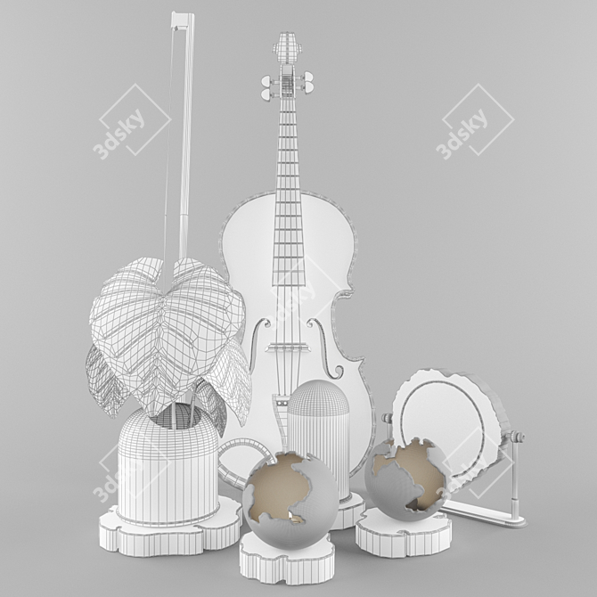 Elegant Decorative Set: Violin, Fiddlestick, Leaf & Coal, Candles, Mirror 3D model image 5