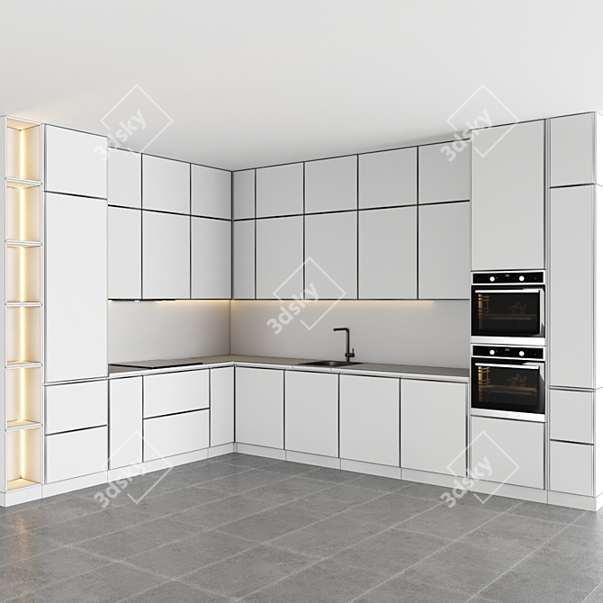 Modular Kitchen Set with Gas Hob, Sink, Oven & Hood 3D model image 5