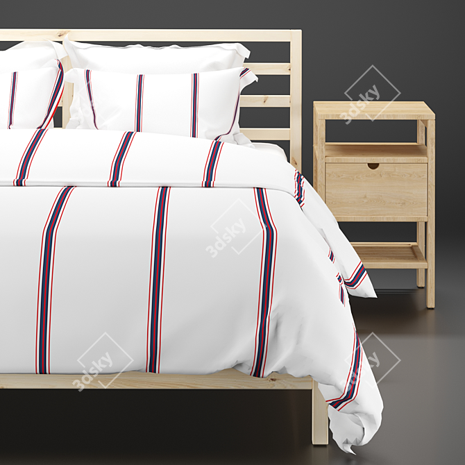 Scandinavian Pine Bed Frame & Bamboo Bedside Table 3D model image 16