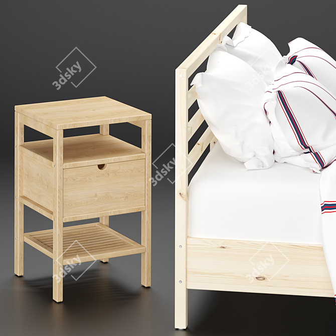 Scandinavian Pine Bed Frame & Bamboo Bedside Table 3D model image 17