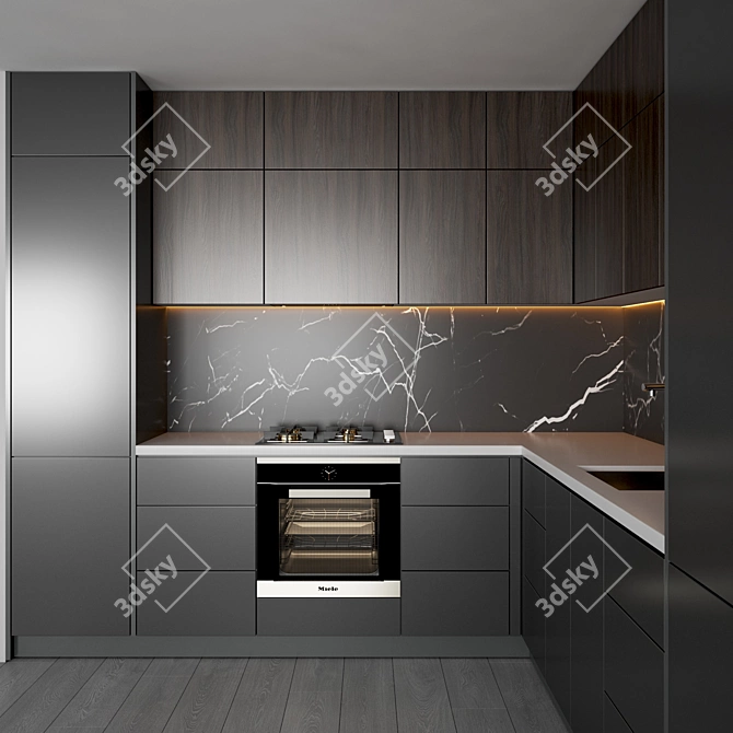 Modern Kitchen Set: Gas Hob, Sink, Oven, Hood 3D model image 2