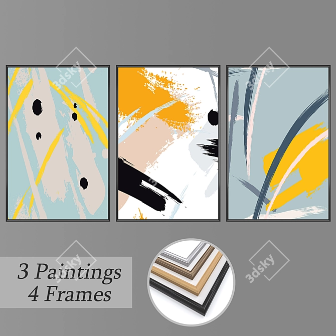 Artistic Wall Decor Set with 3 Paintings & 4 Frame Options 3D model image 1