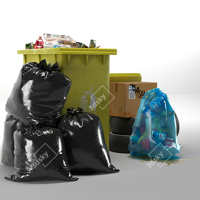 3-Piece Garbage Set: Bag, Bin & Trashes 3D model image 4