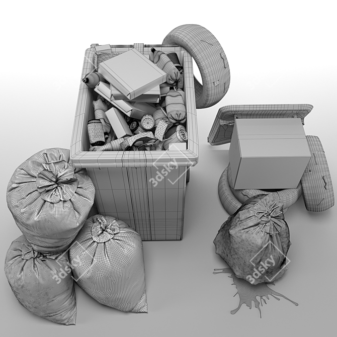 3-Piece Garbage Set: Bag, Bin & Trashes 3D model image 10