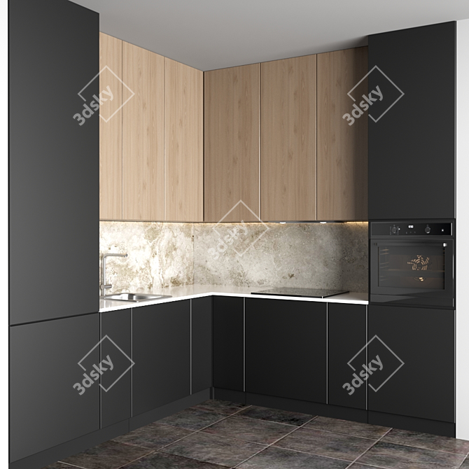 Modular Kitchen Set with Gas Hob, Sink, Oven & Hood 3D model image 2