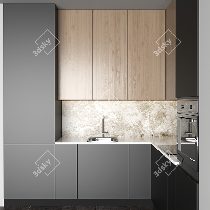 Modular Kitchen Set with Gas Hob, Sink, Oven & Hood 3D model image 4