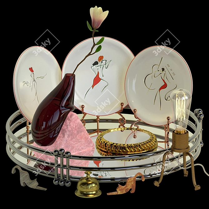 Elegant Decor Set: Tray, Plates, Vase Stand, Bell 3D model image 1