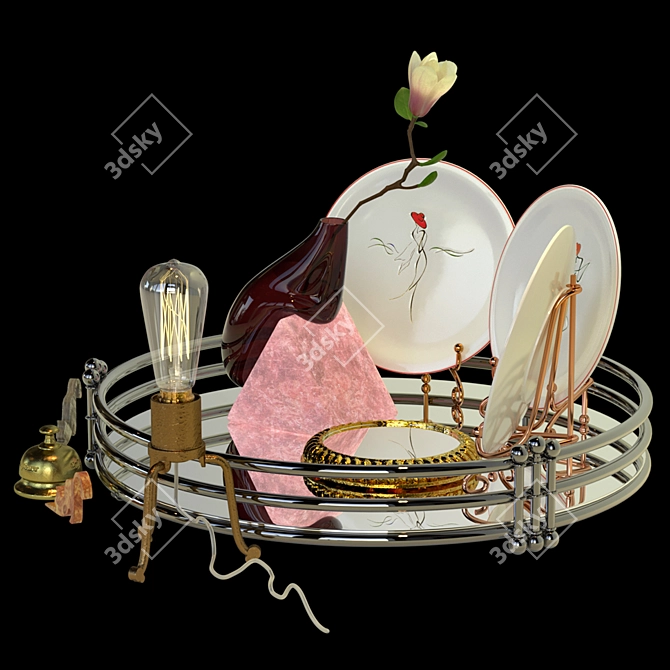 Elegant Decor Set: Tray, Plates, Vase Stand, Bell 3D model image 2