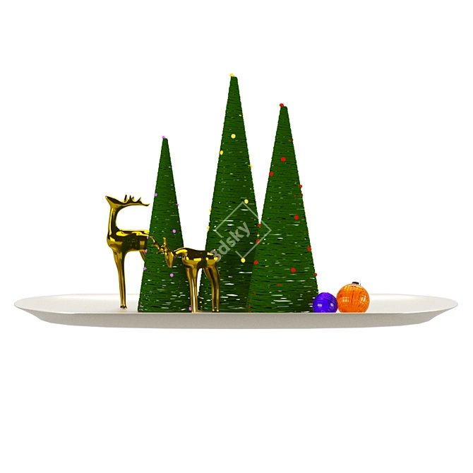 Christmas Harmony: Tree, Deer Figurine, Glass Toy, Balls, Plate 3D model image 1